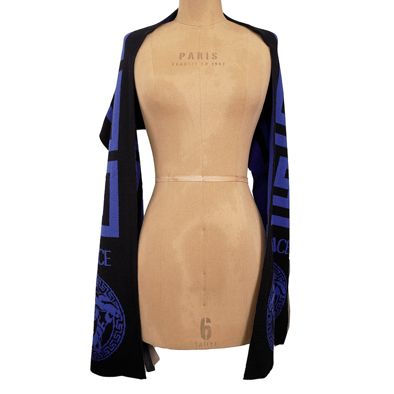 NEW $495 VERSACE Black Blue LA GRECA GREEK KEY MEDUSA LOGO Knit Wool Long SCARF