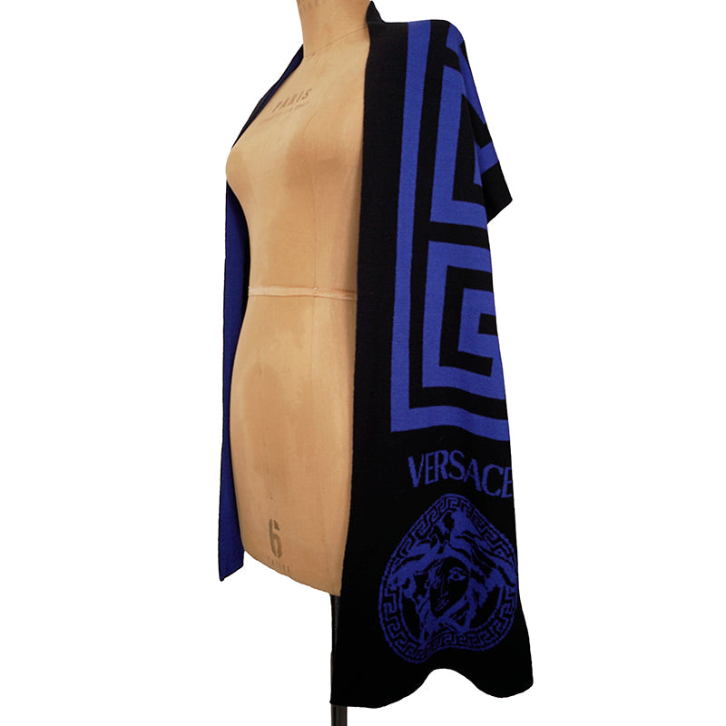 NEW $495 VERSACE Black Blue LA GRECA GREEK KEY MEDUSA LOGO Knit Wool Long SCARF