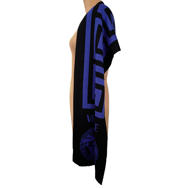 NEW $495 VERSACE Black Blue LA GRECA GREEK KEY MEDUSA LOGO Knit Wool Long SCARF