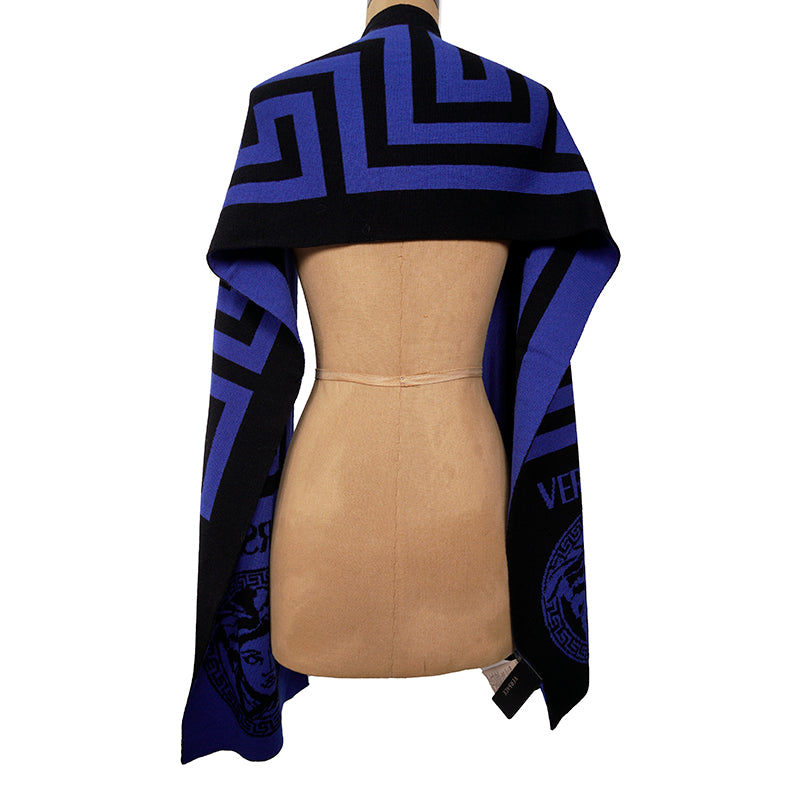 NEW $495 VERSACE Black Blue LA GRECA GREEK KEY MEDUSA LOGO Knit Wool Long SCARF