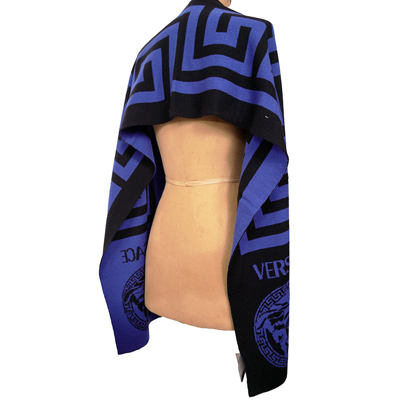 NEW $495 VERSACE Black Blue LA GRECA GREEK KEY MEDUSA LOGO Knit Wool Long SCARF