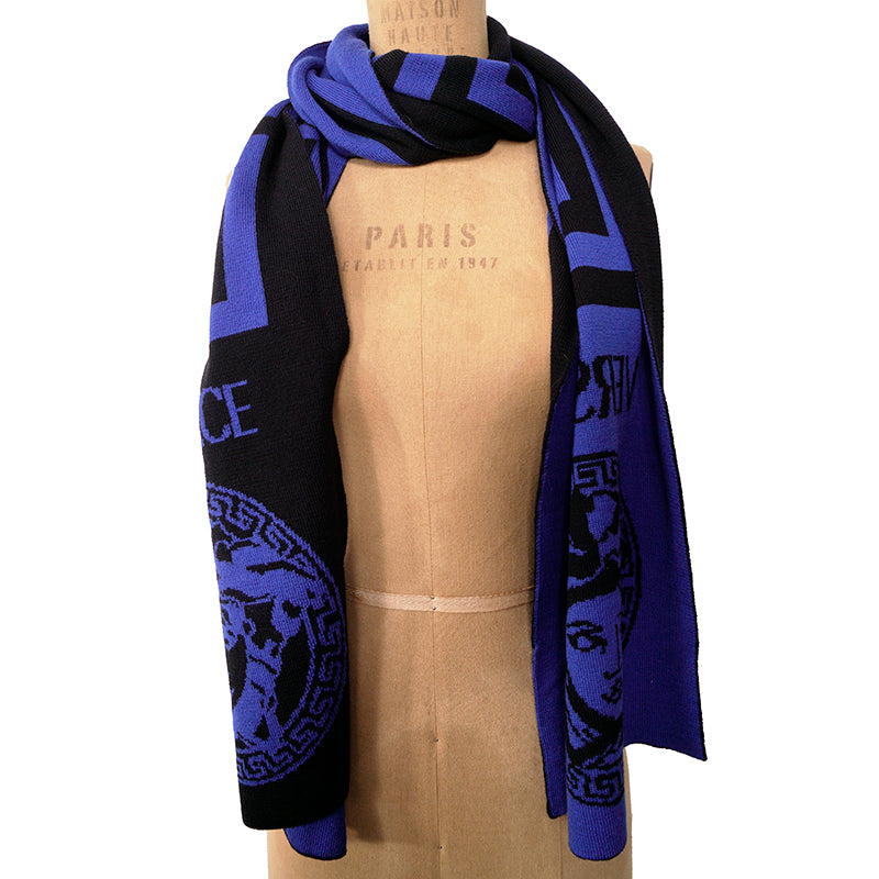 NEW $495 VERSACE Black Blue LA GRECA GREEK KEY MEDUSA LOGO Knit Wool Long SCARF