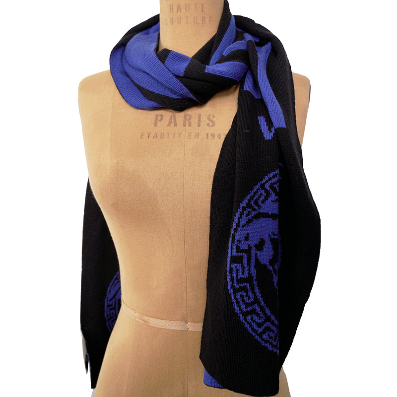 NEW $495 VERSACE Black Blue LA GRECA GREEK KEY MEDUSA LOGO Knit Wool Long SCARF