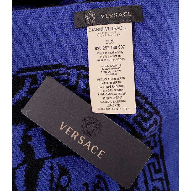 NEW $495 VERSACE Black Blue LA GRECA GREEK KEY MEDUSA LOGO Knit Wool Long SCARF