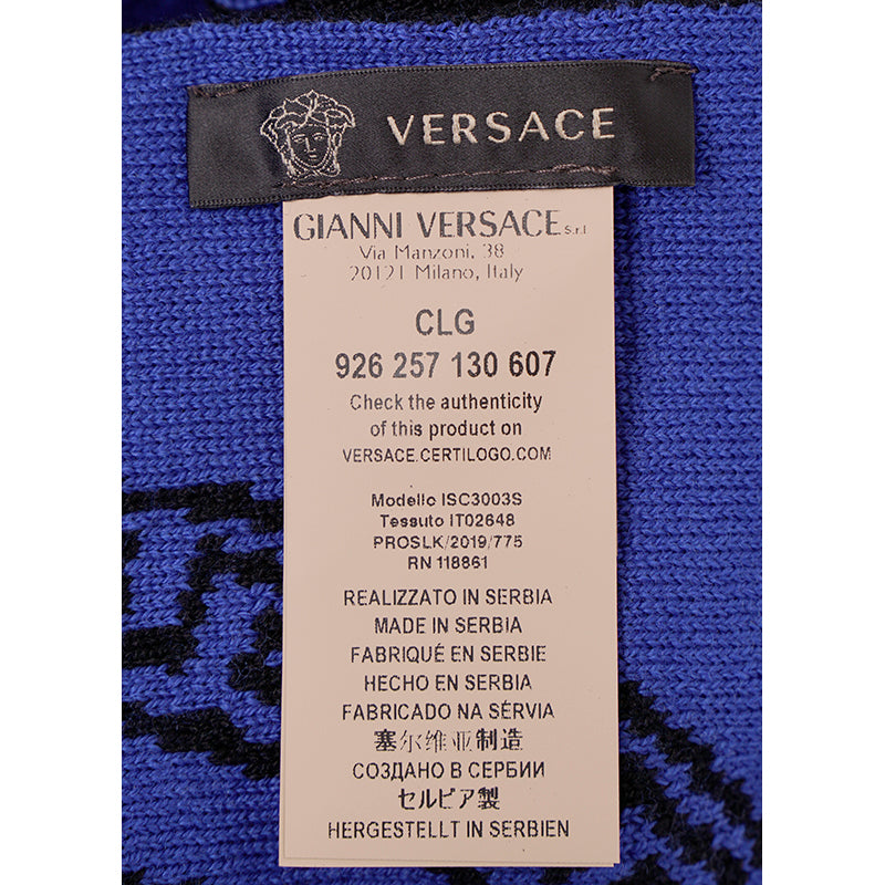 NEW $495 VERSACE Black Blue LA GRECA GREEK KEY MEDUSA LOGO Knit Wool Long SCARF