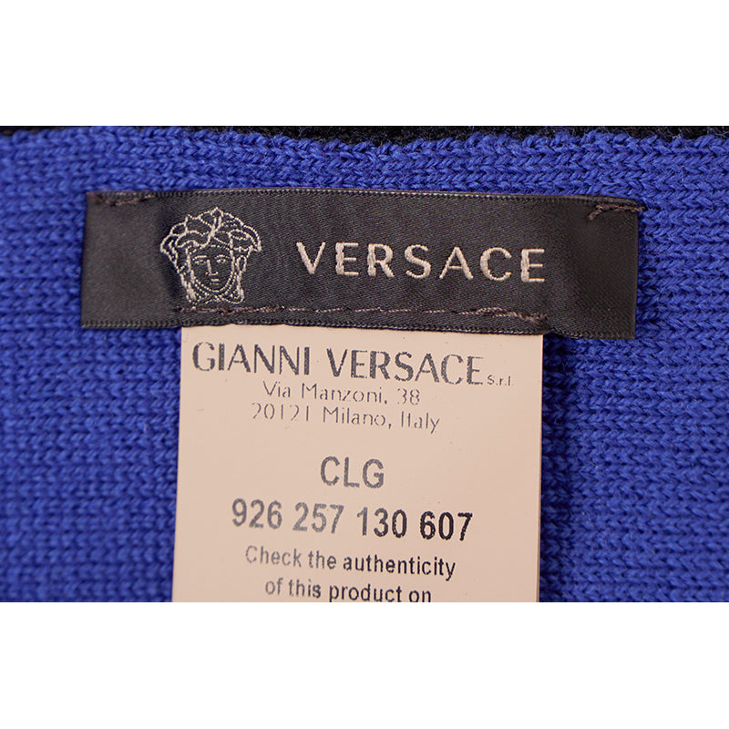 NEW $495 VERSACE Black Blue LA GRECA GREEK KEY MEDUSA LOGO Knit Wool Long SCARF