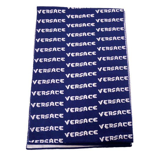 NEW $595 VERSACE Blue White WALLPAPER LOGO Knit 100% Wool Long 72" x 12" SCARF