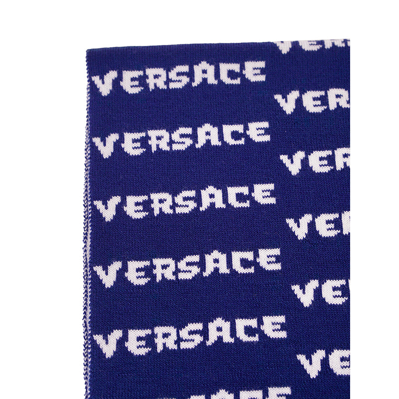 NEW $595 VERSACE Blue White WALLPAPER LOGO Knit 100% Wool Long 72" x 12" SCARF