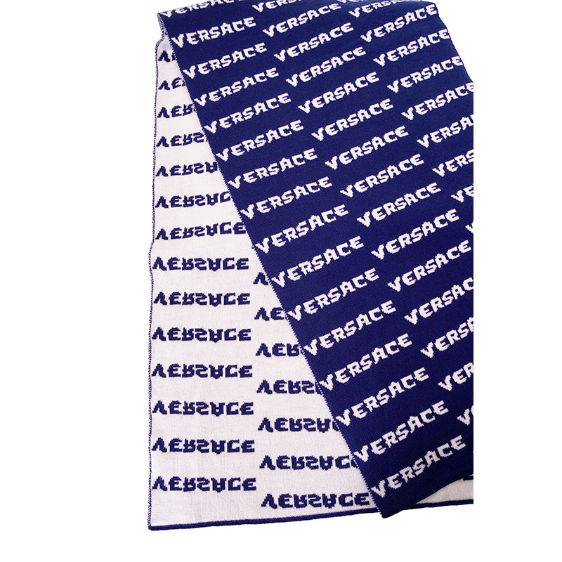 NEW $595 VERSACE Blue White WALLPAPER LOGO Knit 100% Wool Long 72" x 12" SCARF