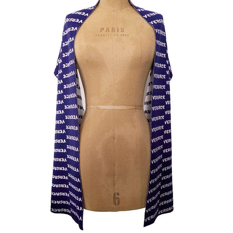 NEW $595 VERSACE Blue White WALLPAPER LOGO Knit 100% Wool Long 72" x 12" SCARF