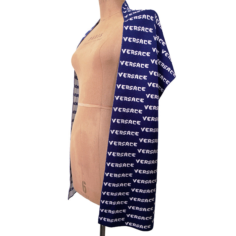 NEW $595 VERSACE Blue White WALLPAPER LOGO Knit 100% Wool Long 72" x 12" SCARF