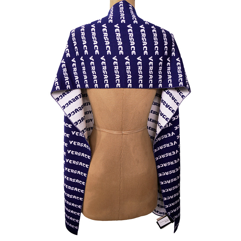 NEW $595 VERSACE Blue White WALLPAPER LOGO Knit 100% Wool Long 72" x 12" SCARF