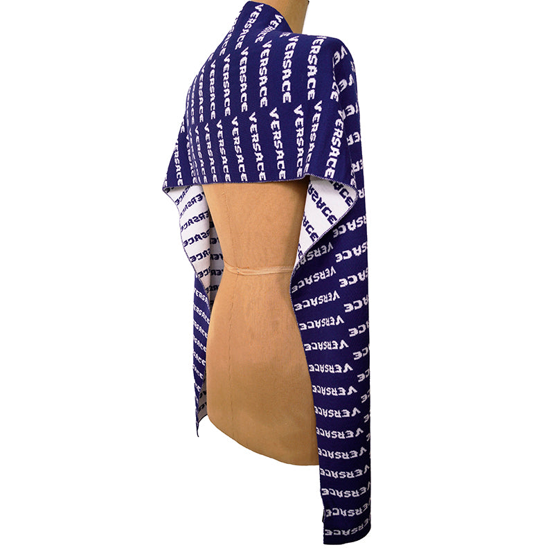 NEW $595 VERSACE Blue White WALLPAPER LOGO Knit 100% Wool Long 72" x 12" SCARF