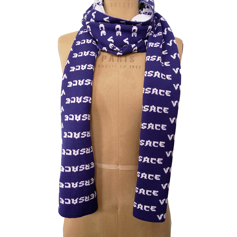 NEW $595 VERSACE Blue White WALLPAPER LOGO Knit 100% Wool Long 72" x 12" SCARF
