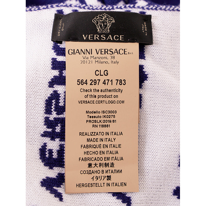 NEW $595 VERSACE Blue White WALLPAPER LOGO Knit 100% Wool Long 72" x 12" SCARF