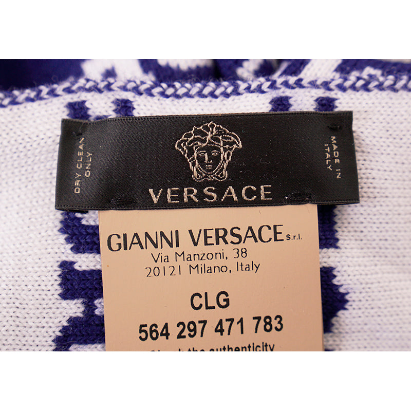 NEW $595 VERSACE Blue White WALLPAPER LOGO Knit 100% Wool Long 72" x 12" SCARF