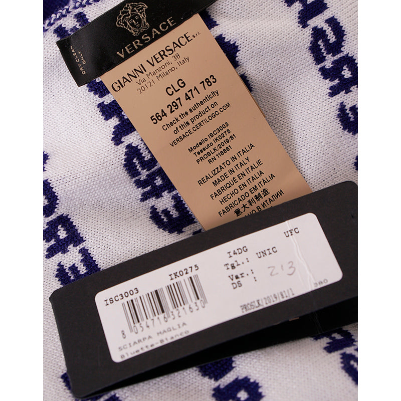 NEW $595 VERSACE Blue White WALLPAPER LOGO Knit 100% Wool Long 72" x 12" SCARF