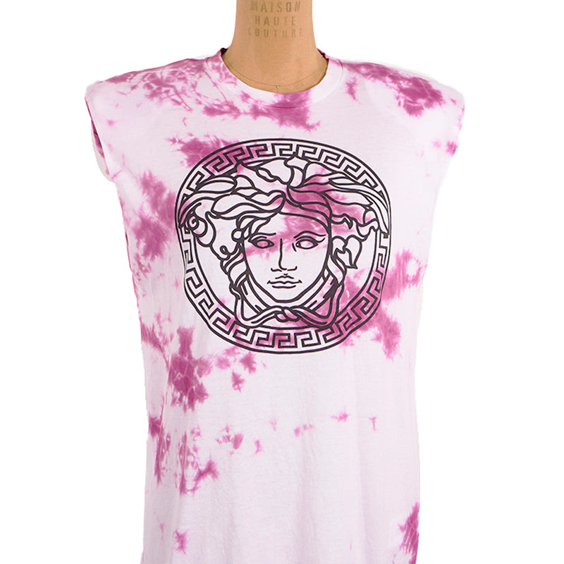 38/40 NEW $650 VERSACE Magenta White TIE DIE Cotton MEDUSA LOGO Sleeveless TANK TOP