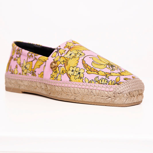 37 & 38 NEW $550 VERSACE Pink Yellow BAROCCO FLORAL LOGO Espadrille SUMMER FLATS NIB
