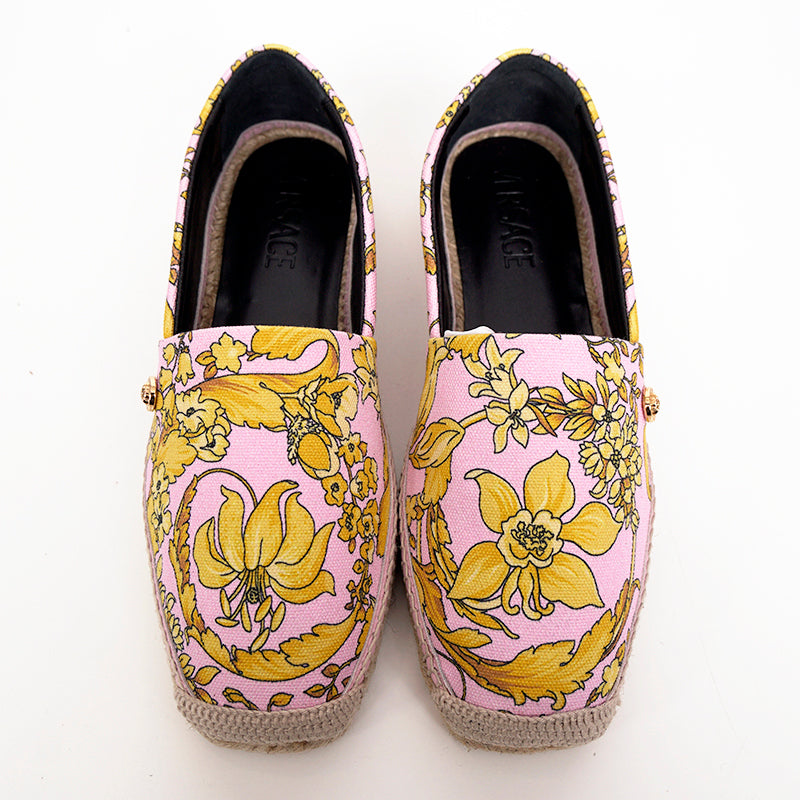 37 & 38 NEW $550 VERSACE Pink Yellow BAROCCO FLORAL LOGO Espadrille SUMMER FLATS NIB
