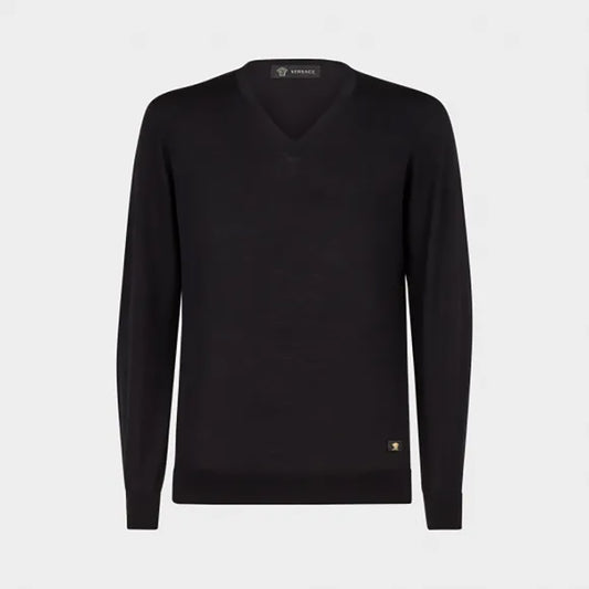 48 M NEW $925 VERSACE Men's Black 100% WOOL Thin Knit V Neck MEDUSA LOGO SWEATER