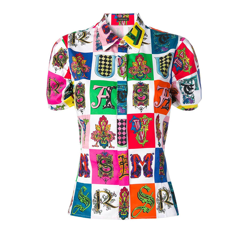 42 NEW $850 VERSACE White Cotton Vivid GOTHIC BAROQUE ALPHABET PRINT Blouse TOP