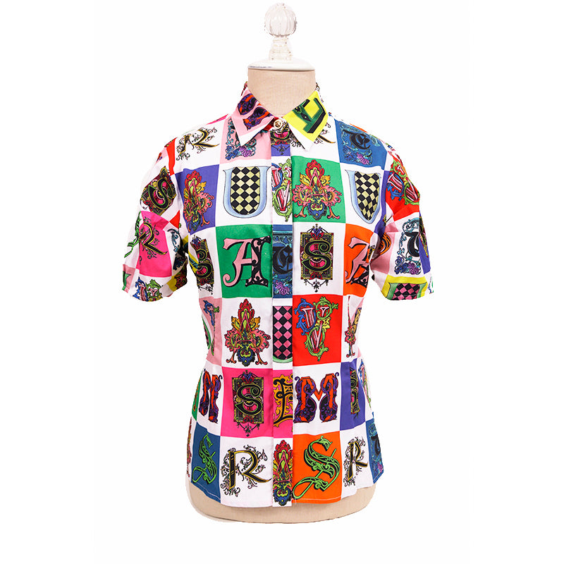 42 NEW $850 VERSACE White Cotton Vivid GOTHIC BAROQUE ALPHABET PRINT Blouse TOP