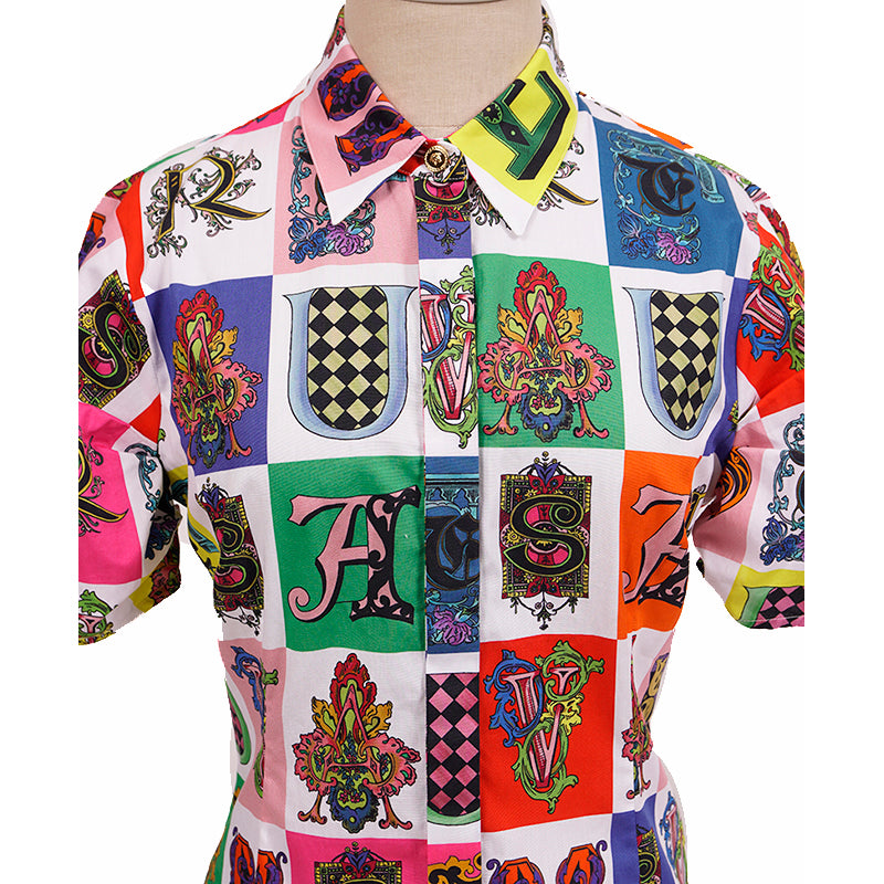 42 NEW $850 VERSACE White Cotton Vivid GOTHIC BAROQUE ALPHABET PRINT Blouse TOP