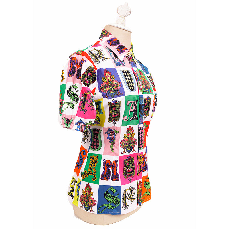 42 NEW $850 VERSACE White Cotton Vivid GOTHIC BAROQUE ALPHABET PRINT Blouse TOP