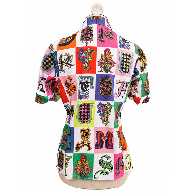 42 NEW $850 VERSACE White Cotton Vivid GOTHIC BAROQUE ALPHABET PRINT Blouse TOP
