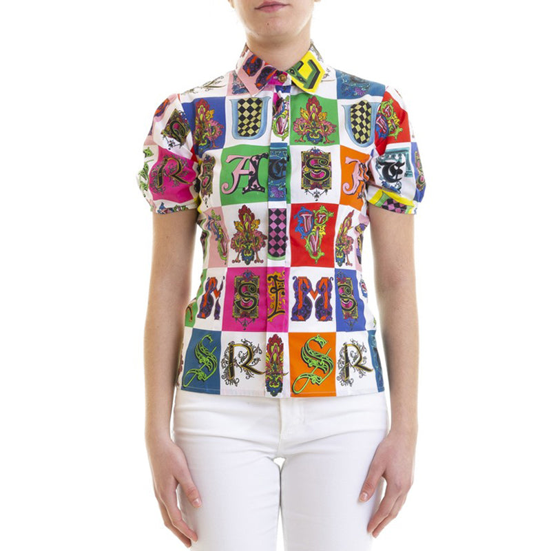 42 NEW $850 VERSACE White Cotton Vivid GOTHIC BAROQUE ALPHABET PRINT Blouse TOP
