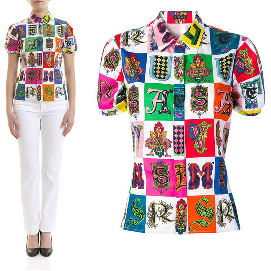 42 NEW $850 VERSACE White Cotton Vivid GOTHIC BAROQUE ALPHABET PRINT Blouse TOP