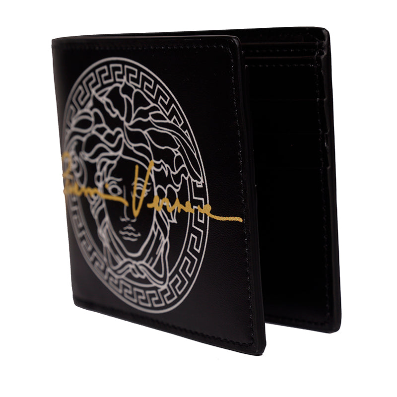 NEW $395 VERSACE Black Leather White LARGE MEDUSA LOGO Sleek Bi-Fold WALLET NIB