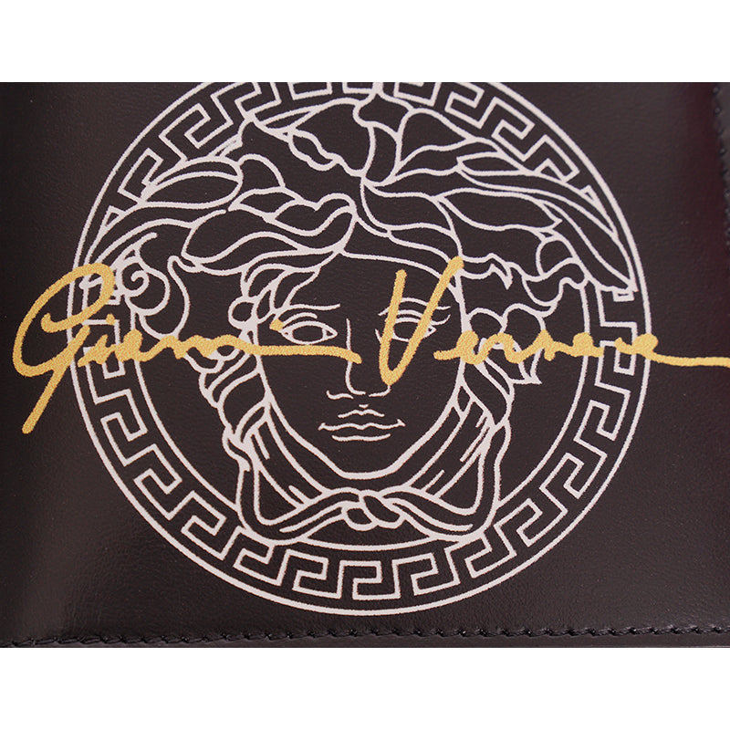 NEW $395 VERSACE Black Leather White LARGE MEDUSA LOGO Sleek Bi-Fold WALLET NIB
