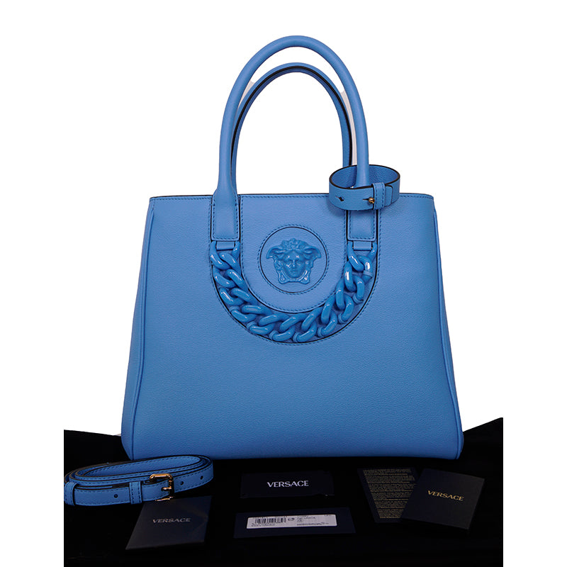 NEW $2,400 VERSACE Blue MEDIUM LA MEDUSA Chain Leather Purse TOTE BAG & STRAP