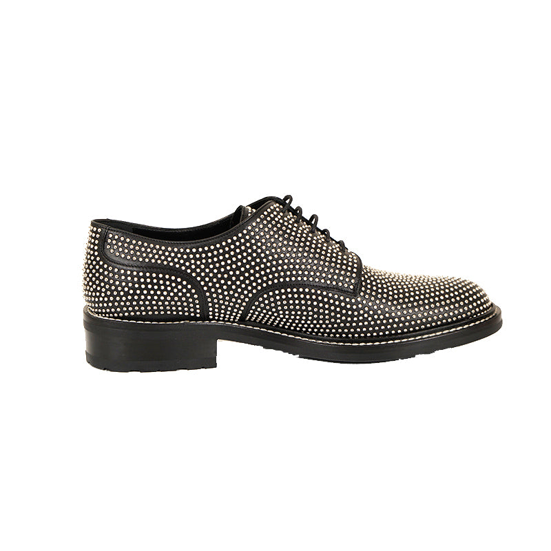 45 US 12 NEW $1395 SAINT LAURENT Leather SILVER STUDDED William 25 DERBY SHOES