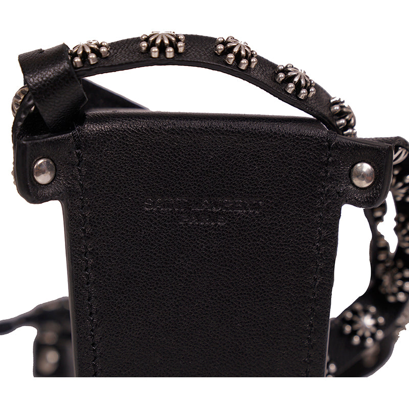 NEW $745 SAINT LAURENT Black Leather WESTERN SILVER STUDDED Mini Bag NECKLACE