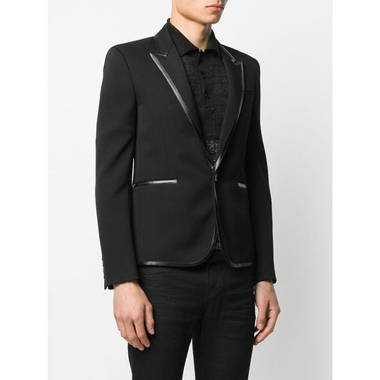 52 NEW $3,290 SAINT LAURENT Men's Black Wool LEATHER TRIM Fitted BLAZER JACKET