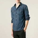 S NEW $750 SAINT LAURENT Vintage Blue JAPAN DENIM Classic WESTERN Style SHIRT