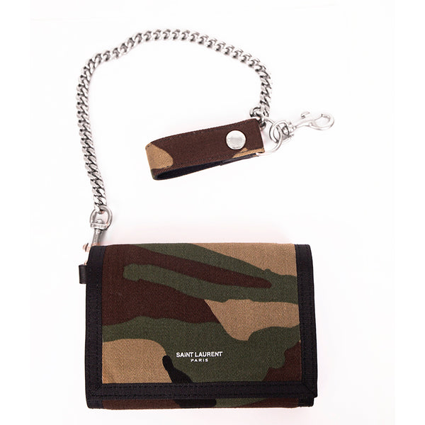 NEW $495 SAINT LAURENT Men's CAMO Nylon Tri-Fold BUFFALO WALLET w/ CHAIN STRAP