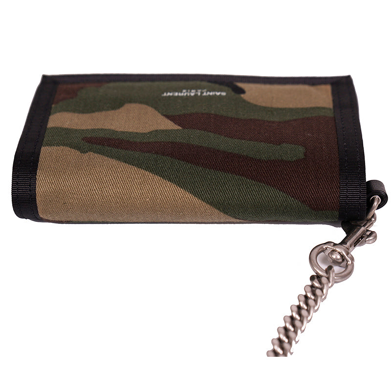 NEW $495 SAINT LAURENT Men's CAMO Nylon Tri-Fold BUFFALO WALLET w/ CHAIN STRAP
