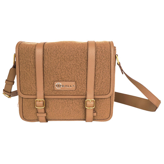 NEW $1,390 BALLY Camel WOOL-CASHMERE SHEARLING Finish Leather Messenger BAG NWT