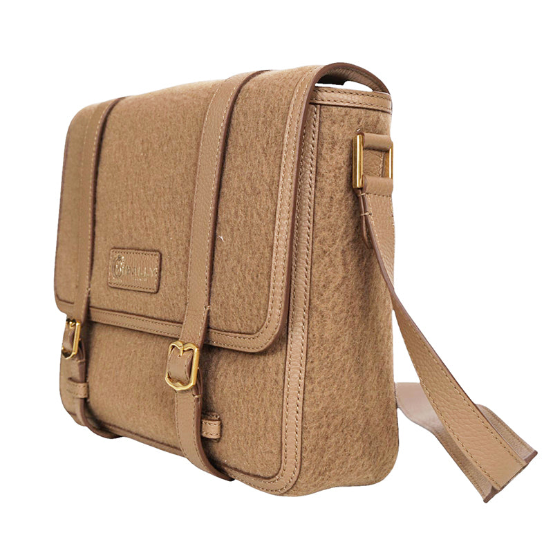 NEW $1,390 BALLY Camel WOOL-CASHMERE SHEARLING Finish Leather Messenger BAG NWT