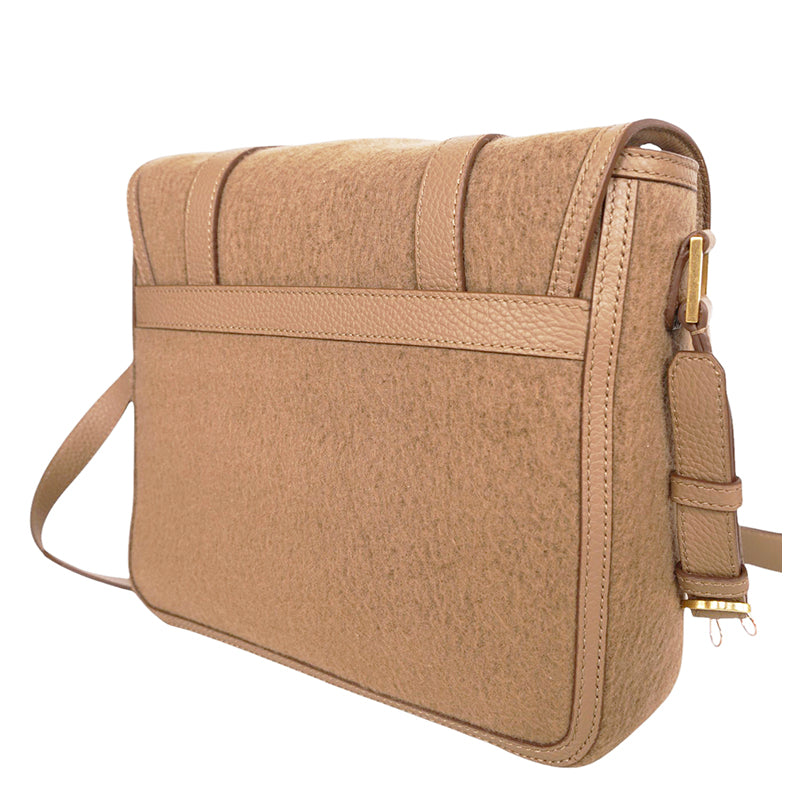 NEW $1,390 BALLY Camel WOOL-CASHMERE SHEARLING Finish Leather Messenger BAG NWT