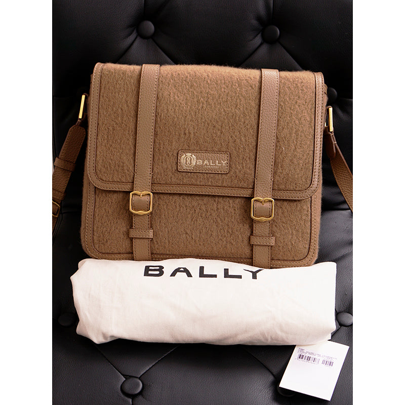 NEW $1,390 BALLY Camel WOOL-CASHMERE SHEARLING Finish Leather Messenger BAG NWT