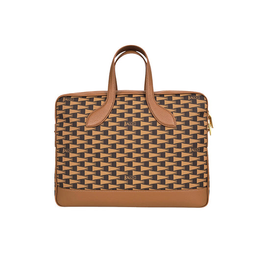 NEW $1,190 BALLY Camel Coated Canvas & Leather PENNANT Monogram Briefcase BAG