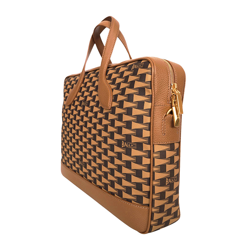 NEW $1,190 BALLY Camel Coated Canvas & Leather PENNANT Monogram Briefcase BAG