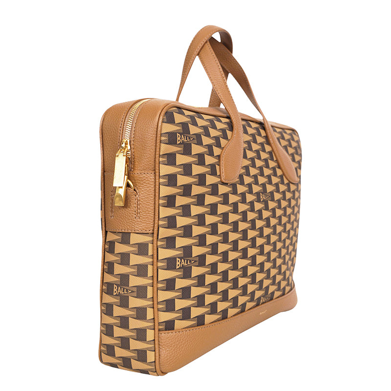 NEW $1,190 BALLY Camel Coated Canvas & Leather PENNANT Monogram Briefcase BAG