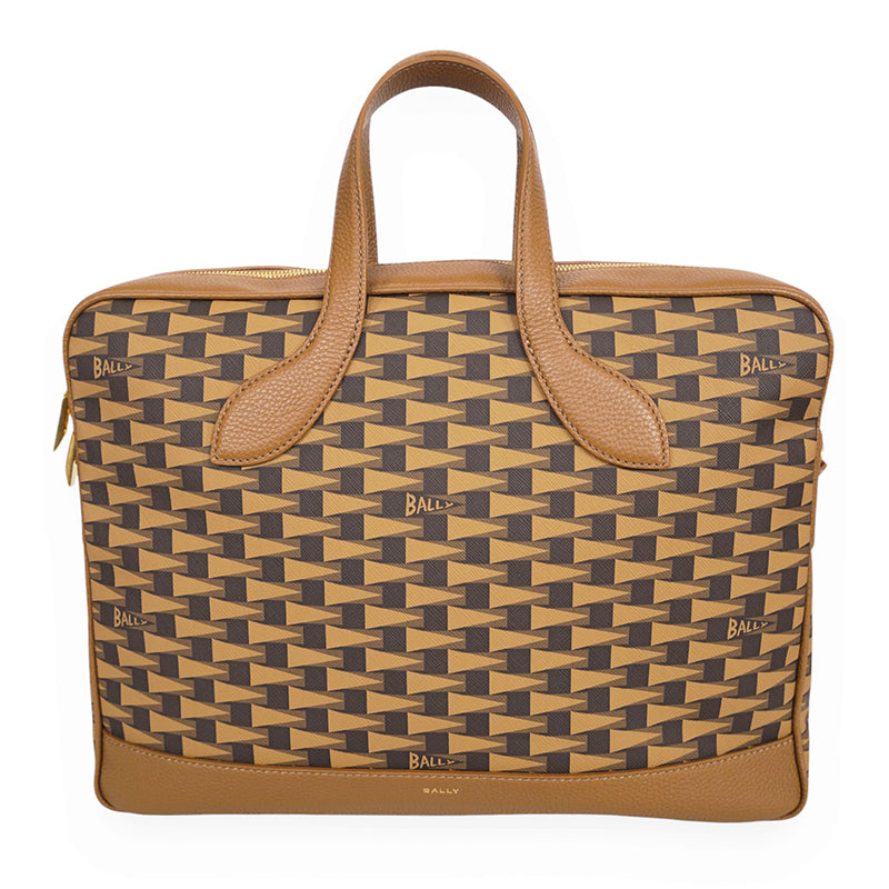 NEW $1,190 BALLY Camel Coated Canvas & Leather PENNANT Monogram Briefcase BAG