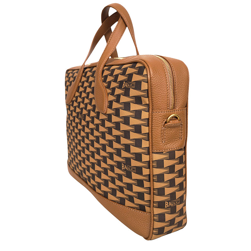NEW $1,190 BALLY Camel Coated Canvas & Leather PENNANT Monogram Briefcase BAG